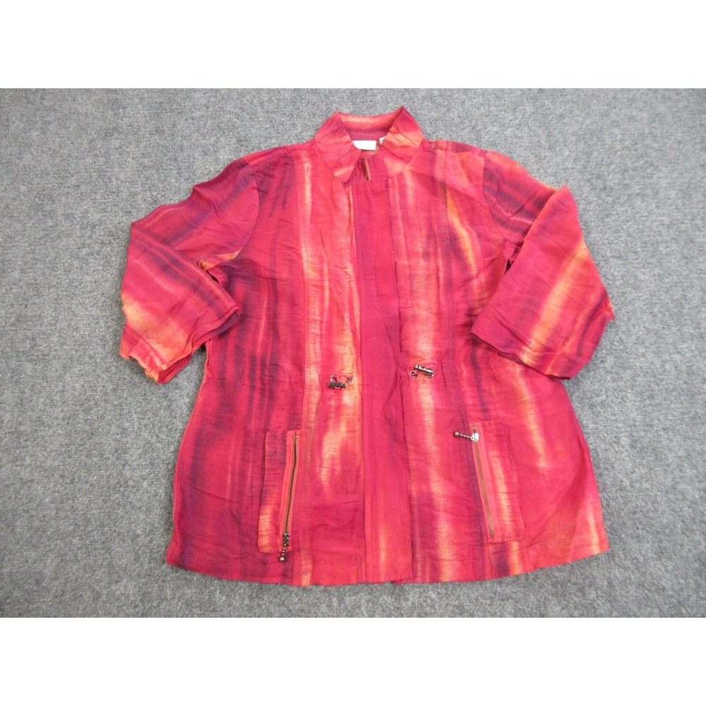 Chicos Jacket Womens Size 1 Red Stripes Roll Tab Sleeve Full Zip Lightweight